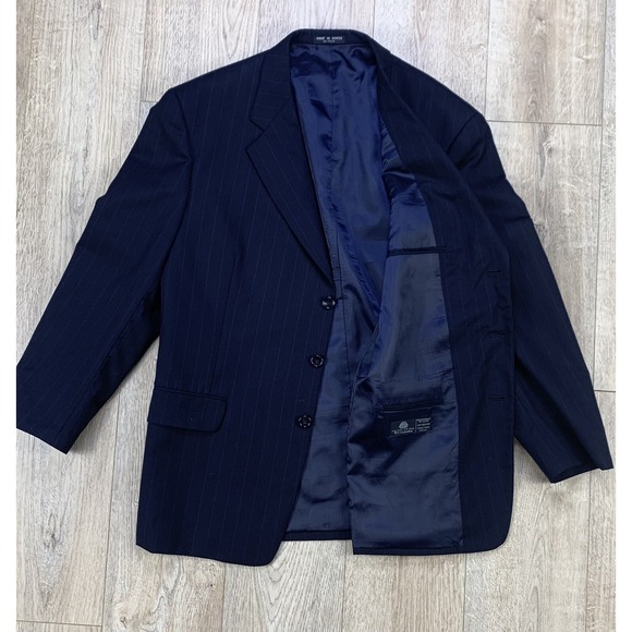 Men Versini Pin Stripe Wool Sport Coat Jacket‎ Navy Blue Blazer Size 48L Long - Picture 1 of 15